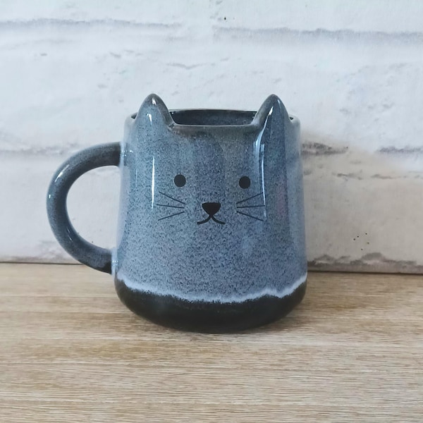 Taza de cerámica esmaltada de Mojave con diseño de gato negro azul, para té, café, diseño escandinavo, vajilla de cocina, regalo, piedra bohemia, regalo para amantes de los gatitos y mascotas.