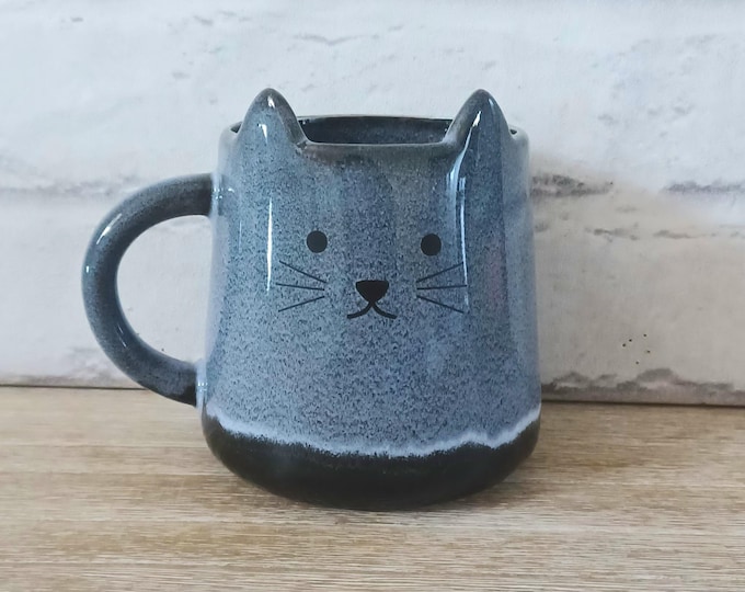 Blue Black Cat Glazed Mojave Stoneware Mug Tea Coffee Cup Scandi design Kitchen Drinkware Gift Boho Stone Present Kitten Pet Parent Lover