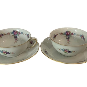 Set of 2 EPIAG DF Czechoslovakia Floral Porcelain Teacup and Saucers, 1950s