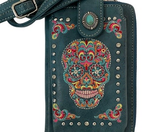 Portafoglio con tracolla a tracolla American Bling Teal Sugar Skull