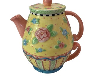 3 in 1 Keramik Teetasse und Teekanne, Gelb mit Blumen, Michel & Co., ME inc, 2000