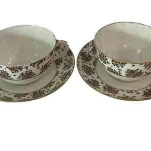 Set of 2 Haviland Limoges Blue and Brown Floral Porcelain Teacups and Saucers