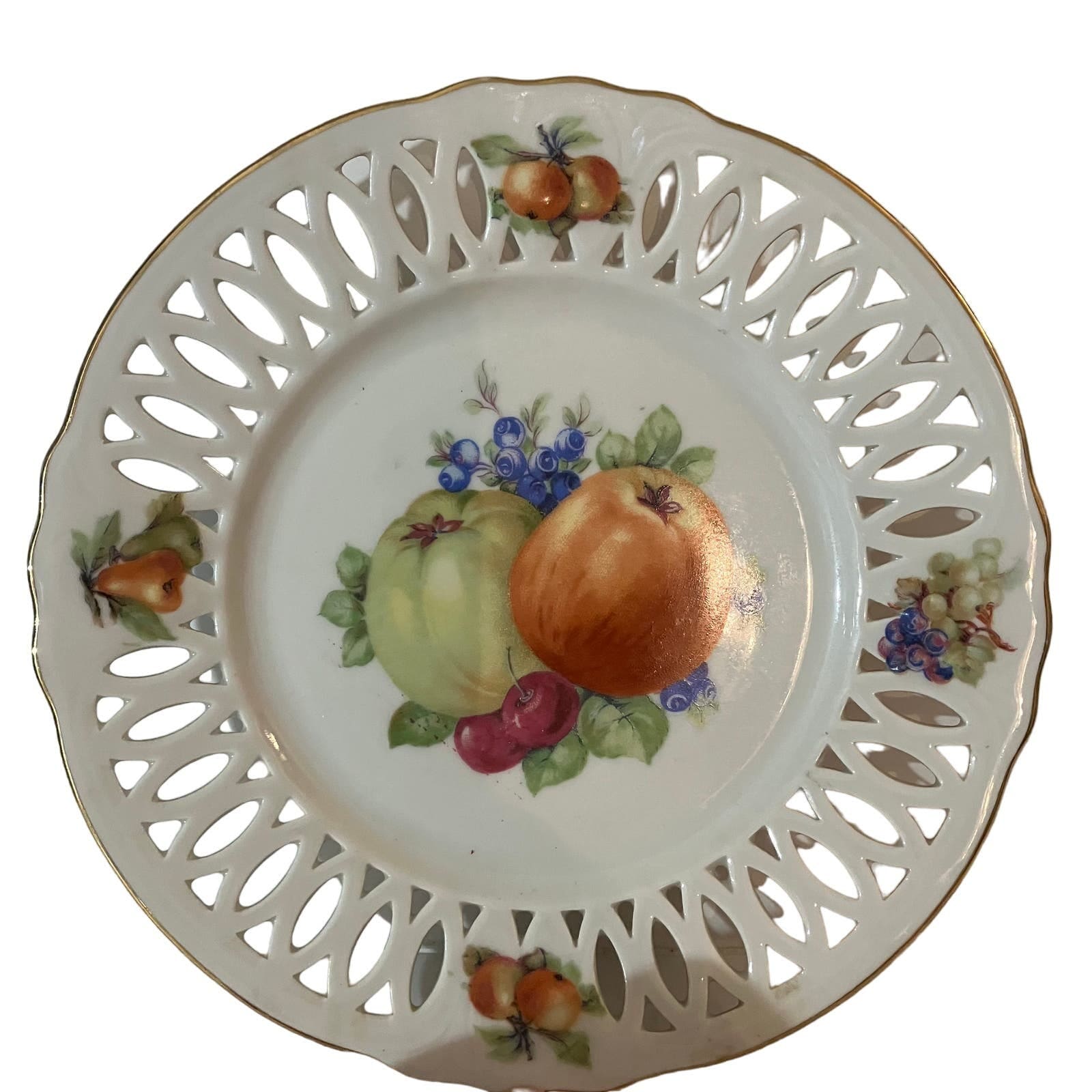 Winterling Bavaria Germany Porcelain Plate with Fruit, Apples and Cherries, Lattice Rim