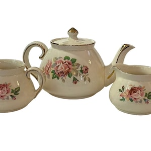 Gibsons Staffordshire, Inglaterra Conjunto de chá de porcelana de 3 peças, bule, creme, açúcar