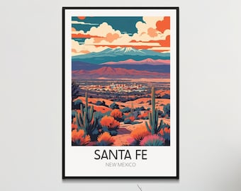 May include: A colorful illustration of Santa Fe, New Mexico, with a mountain range in the background and a cityscape in the foreground. The illustration is set against a sunset sky with clouds. The text "SANTA FE" and "NEW MEXICO" is printed below the illustration.