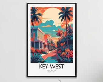 May include: A colorful illustration of a street scene in Key West, Florida. The image features palm trees, colorful buildings, and a bright orange sun in the sky. The text "KEY WEST FLORIDA" is at the bottom of the image.