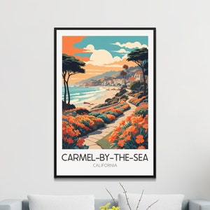 Pôster de viagem vintage de Carmel-by-the-Sea, Califórnia, arte de parede em estilo retrô, impressão de paisagem costeira dos EUA, decoração para casa e escritório.