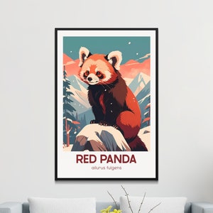 Pôster vintage de panda-vermelho, arte de parede em estilo retrô, decoração moderna de meados do século com estampa animal, Ailurus fulgens