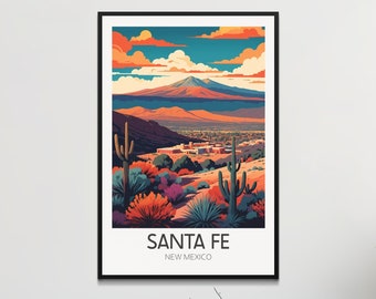 Santa Fe New Mexico Vintage Travel Poster, Retro Style Wall Art, Southwestern Desert Landscape Decor