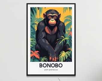 Vintage Bonobo Poster, Endangered Species Retro Wall Art, Tropical Jungle Animal Illustration, Eco-Friendly Decor