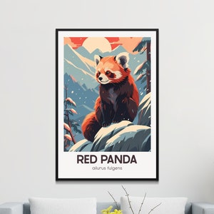 Pôster de panda-vermelho, arte de parede em estilo vintage, decoração para casa com tema de espécies ameaçadas de extinção, estampa retrô inspirada na natureza.