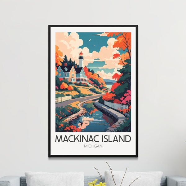 Mackinac Island Michigan, Vintage Travel Poster, Retro Wall Art, Lighthouse Landscape, Home Decor, Living Room Wall Hanging, Gift Idea