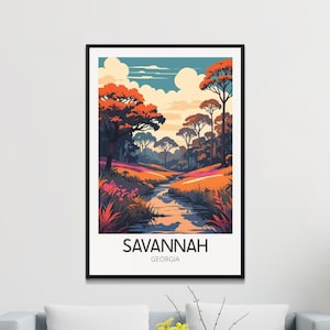Vintage Savannah Georgia Poster, Retro Reise-Wandkunst, warmer Sonnenuntergang Naturlandschaft, USA-Reiseplakat, Haus Büro Wanddekor