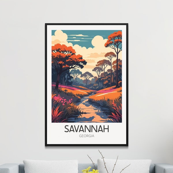 Vintage Savannah Georgia Poster, Retro Travel Wall Art, Warm Sunset Nature Landscape, USA Travel Poster, Home Office Wall Decor