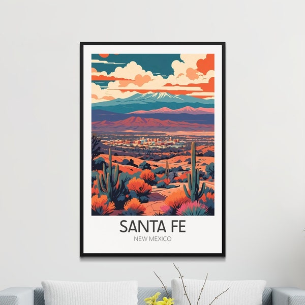 Vintage Santa Fe Poster, Retro New Mexico Travel Wall Art, Colorful Desert Landscape Print, Home and Office Decor