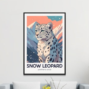 Pôster retrô de leopardo-das-neves, arte de parede de espécies ameaçadas de extinção, decoração animal em estilo vintage, decoração para casa inspirada na natureza.