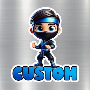 Custom Blue Ninja Kid Sticker and Fridge Magnet, Personalized Vinyl Cartoon Ninja Decal for Laptops, Cars, and Notebooks, Locker Magnet