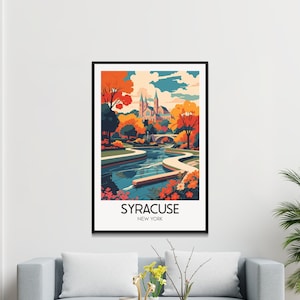 Vibrante cartel retro vintage de Syracuse, Nueva York, con colores otoñales y vistas panorámicas