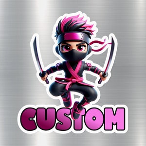 Custom Ninja Kid Sticker and Fridge Magnet, Personalized Pink Ninja Cartoon Character, Locker Magnet, Customizable Vinyl Decal for Girls