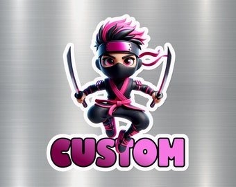 Custom Ninja Kid Sticker and Fridge Magnet, Personalized Pink Ninja Cartoon Character, Locker Magnet, Customizable Vinyl Decal for Girls