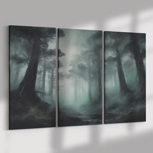 Mysterious Foggy Forest 3-Piece Canvas Set – Dark Woodland Wall Art, Enigmatic Nature Decor for Living Room or Bedroom