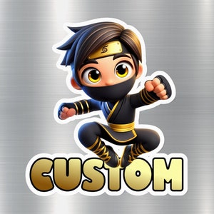 Custom Gold Ninja Kid Sticker and Fridge Magnet, Personalized Vinyl Cartoon Ninja Decal for Laptops, Cars, and Notebooks, Locker Magnet