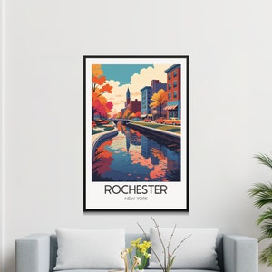 Póster retro vintage de Rochester, Nueva York, hermoso paisaje urbano otoñal, impresión artística para pared