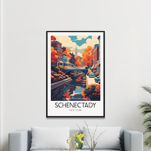 Póster de arte de pared retro vintage de Schenectady Nueva York con coloridas hojas de otoño