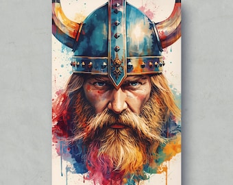 Viking Warrior Wall Art Print, Norse Mythology Poster, Horned Helmet Art, Watercolor Viking Art, Viking Decor, Nordic Poster