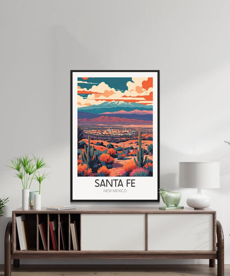 Pôster vintage de Santa Fé, arte de parede retrô de viagem ao Novo México, impressão colorida de paisagem desértica, decoração para casa e escritório. imagem 3