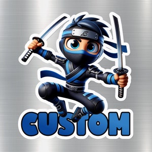 Pegatina personalizada de Ninja Kid azul, calcomanía personalizada de Samurai Boy con dibujos animados, imán para refrigerador y casillero, idea de regalo para niños