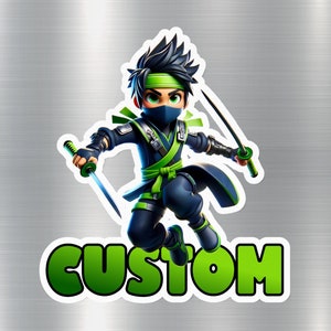 Custom Ninja Kid Green Sticker, Personalized Cartoon Ninja Warrior Vinyl Decal, Fridge and Locker Magnet