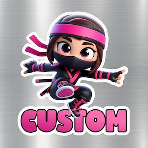 Aangepaste ninja-stickers en koelkastmagneet, roze ninja-personage, gepersonaliseerde sticker voor laptops, notebooks, waterflessen, lockermagneet