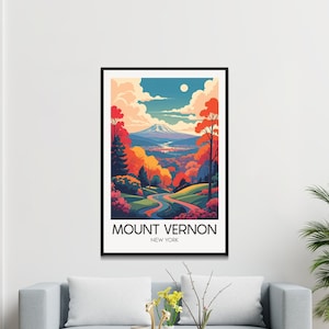 Póster artístico retro vintage de Mount Vernon, Nueva York, con colorida escena otoñal