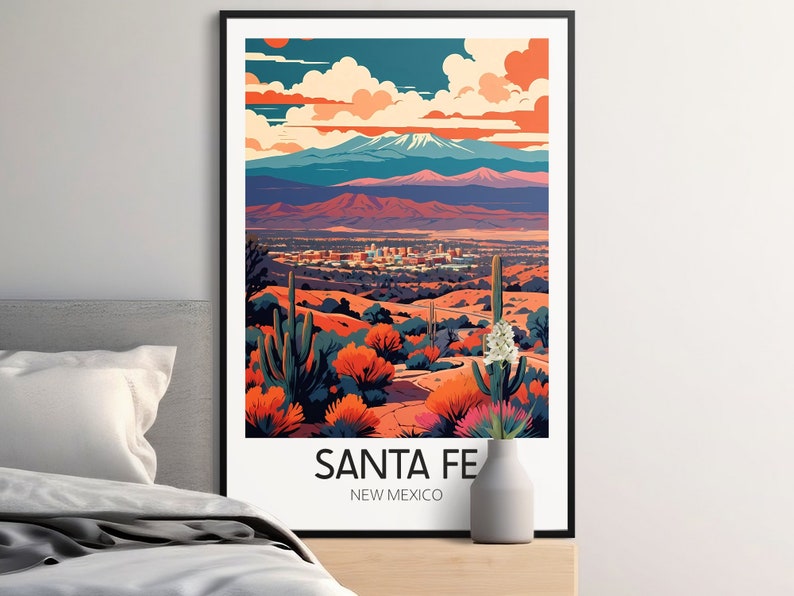 Pôster vintage de Santa Fé, arte de parede retrô de viagem ao Novo México, impressão colorida de paisagem desértica, decoração para casa e escritório. imagem 10