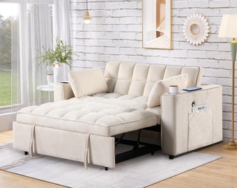 Futon Loveseat Multifunctional Pull Out Sofa, Velvet Convertible Sleeper Sofa Bed with Cup Holder and USB Port, 2 Seat Loveseat