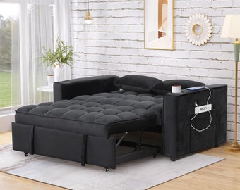 Futon Loveseat Multifunctional Pull Out Sofa, Velvet Convertible Sleeper Sofa Bed with Cup Holder and USB Port, 2 Seat Loveseat