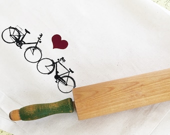 Bike love wedding anniversary organic kitchen dish towel. Silk screened cotton tea towel.