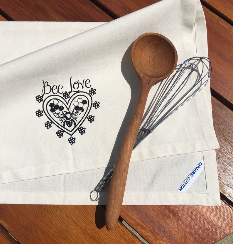 Bee Love organic kitchen dish towel. Silk screened cotton tea image 1