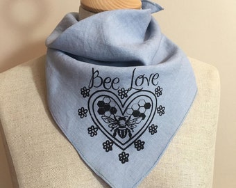 Linen blue bandana scarf silk screened Bee Love