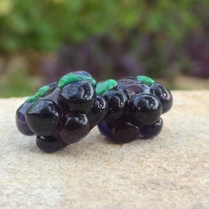 Handmade Lampwork Glass Bead Sculptural Purple Blackberries Earring Pair SRA DIY- Bastets Beads-