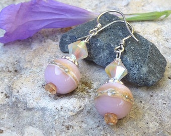 Handmade Lampwork Sterling Pink Lampwork Opal Topaz Dangle Earrings- Bastet's Beads - Fantasy Pinks