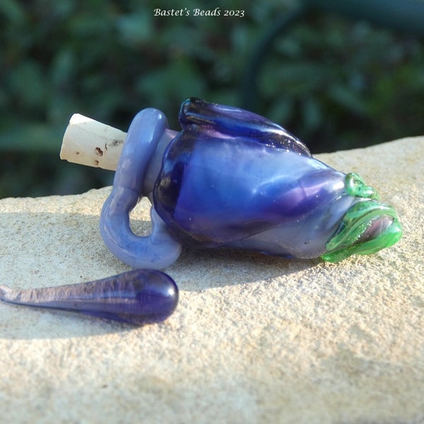 Handmade Lampwork Glass Floral Potion Bottle Vessel Focal Purple Blue SRA Pendant-Bastet's Beads- Floral Bottle