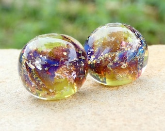 Handmade Lampwork Green Purple Silver Round Bead Pair SRA DIY-Bastets Beads- Wood Violets