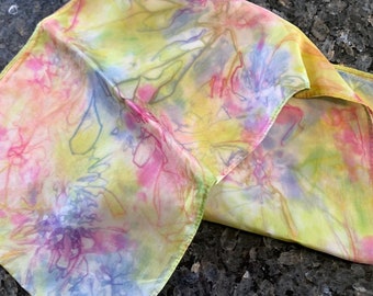 Hand Dyed Painted Silk Shibori Scarf Purple Pink Green - Bouquet