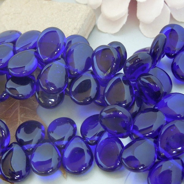 Czech-  6 Cobalt Blue Czech Glass Focal Teardrop Briolette 12x16mm- Bastet's Beads