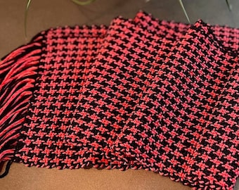 Handwoven Cotton Rayon Coral Pink Black Houndstooth Pinwheel  Scarf 6.5x68"  Handloomed- Houndstooth Embers