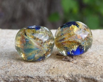 Handmade Lampwork Opal Blue Red Gold Round Bead Pair SRA DIY-Bastets Beads- Blue Gold Glow