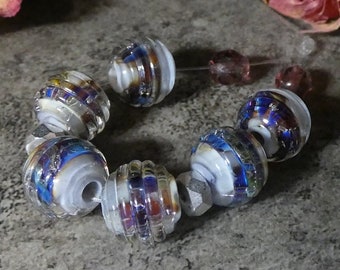 Handmade Lampwork Glass Green Blue Purple Opal Round Set- Bastets Beads SRA- Purple Ice Ripple