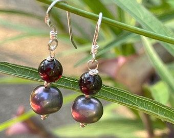 Garnet Purple Pearl Silver Dangle Earring SRA  Bastet's Beads- Garnet Drops